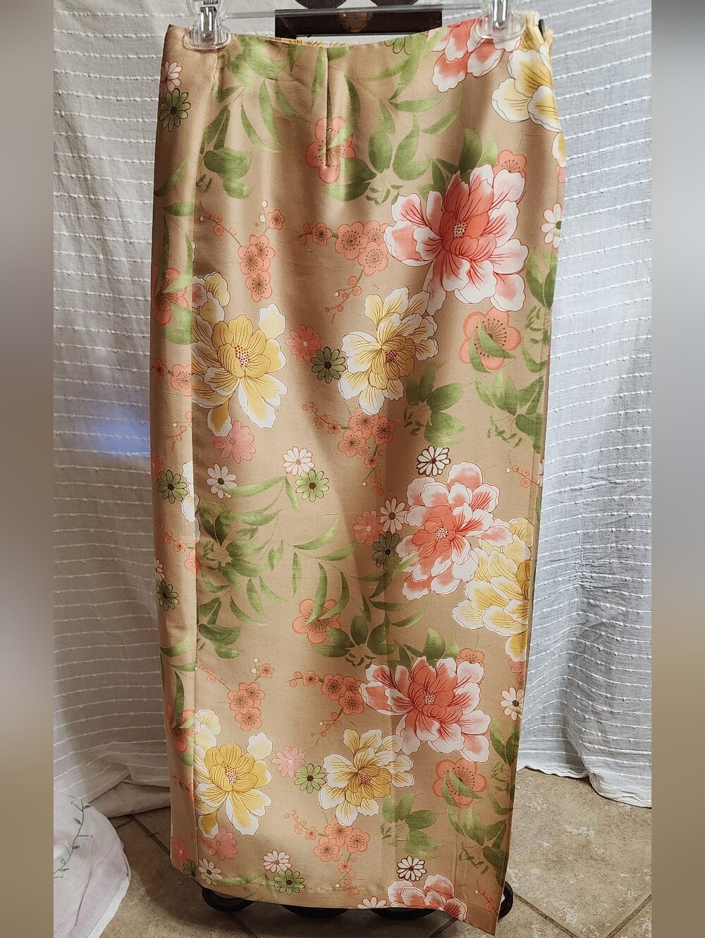 Beige Gold Floral Maxi Wrap Skirt with Peach and Yellow Blooms Silk